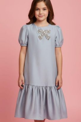 صورة فستان ازرق فاتح مع فينكة الؤلؤ على الصدر الانيقه